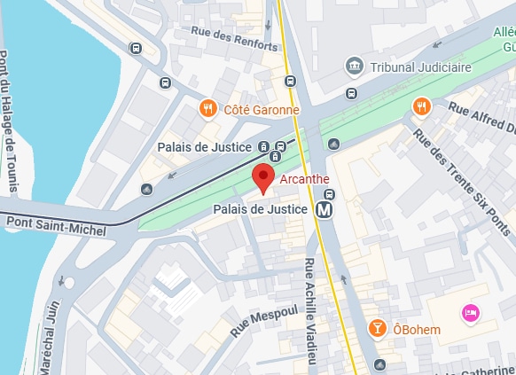 Plan Arcanthe Toulouse Palais de Justice et Métro Plan de Toulouse vers Arcanthe et le Palais de Justice avec les rues et transports en commun environnants.